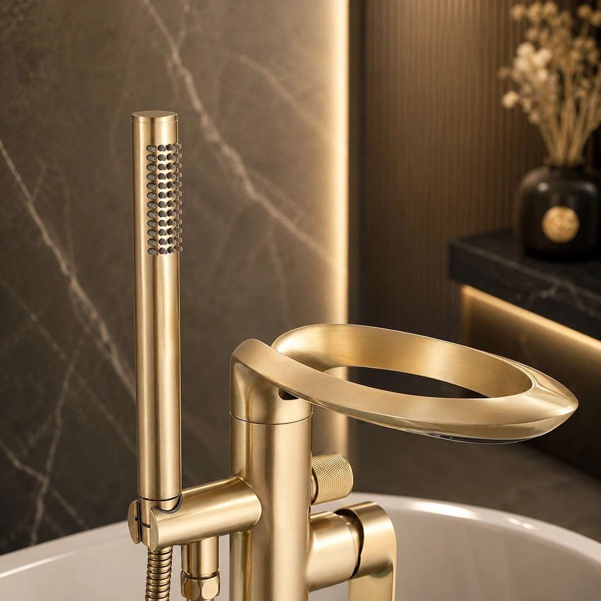 Mitigeur sur Pied Doré Stim – Cascade & Douchette Luxe