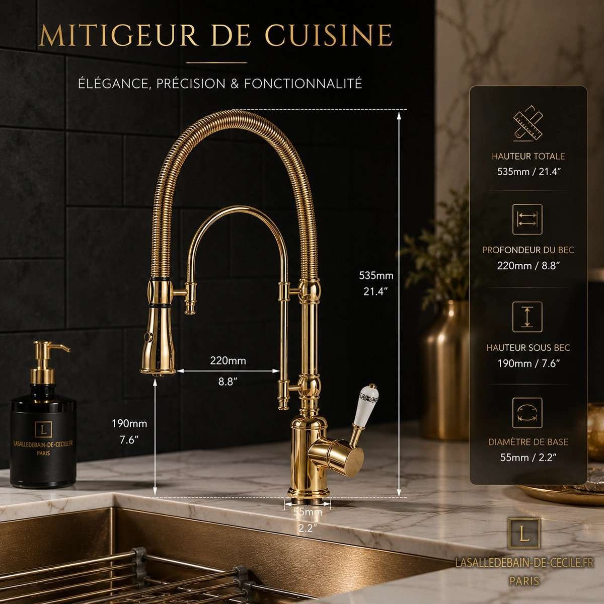 Mitigeur évier cuisine rétro Spin doré | Douchette 2 jets