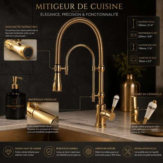 Mitigeur évier cuisine rétro Spin doré | Douchette 2 jets