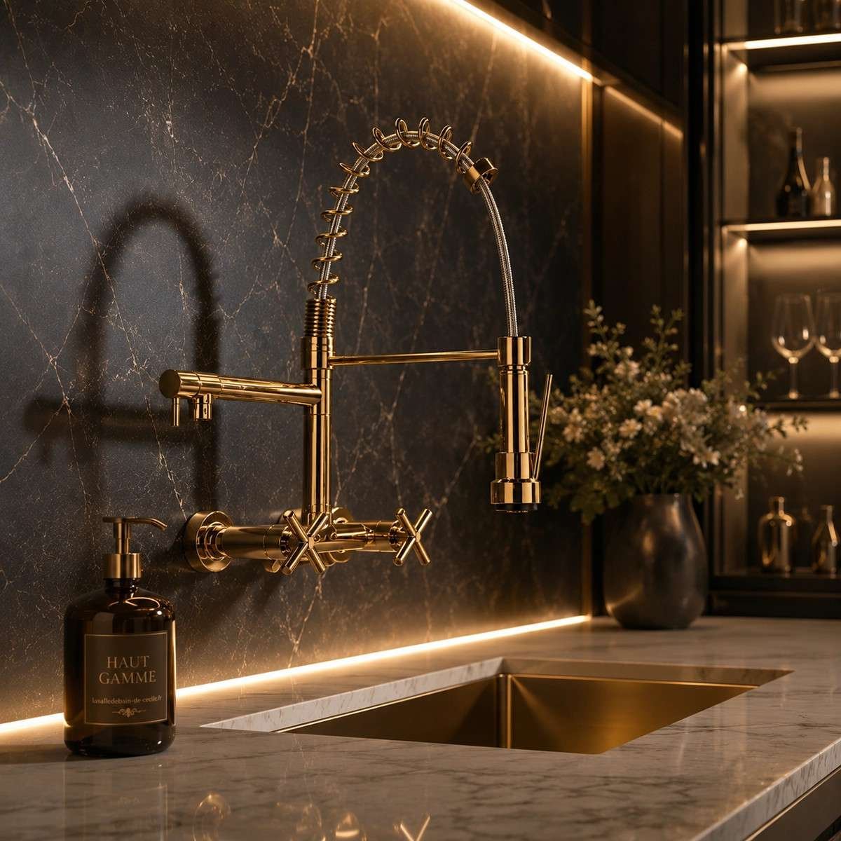 Robinet mélangeur cuisine mural Réa doré avec douchette