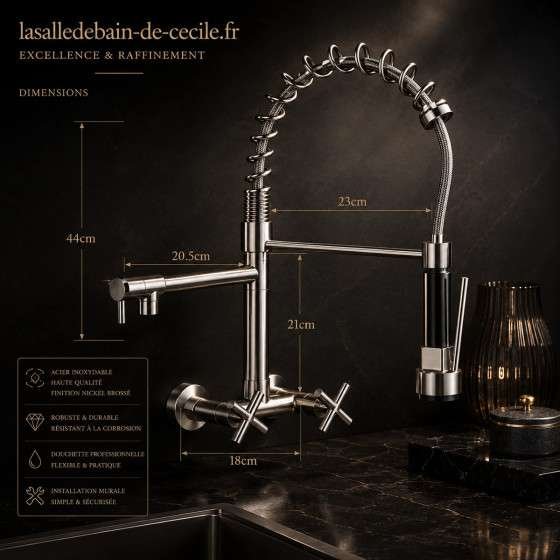 Robinet mélangeur cuisine mural Brunus nickel brossé