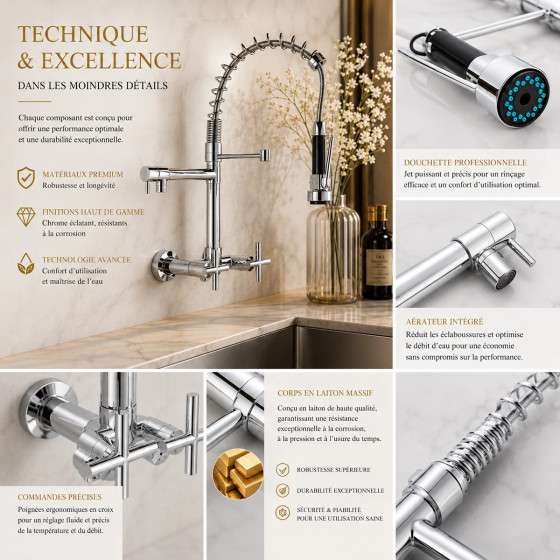Robinet mélangeur cuisine mural Bayon chrome avec douchette