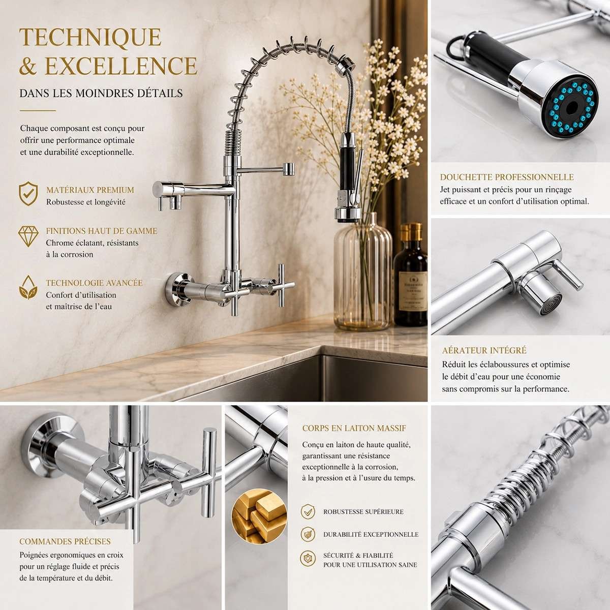 Robinet mélangeur cuisine mural Bayon chrome avec douchette