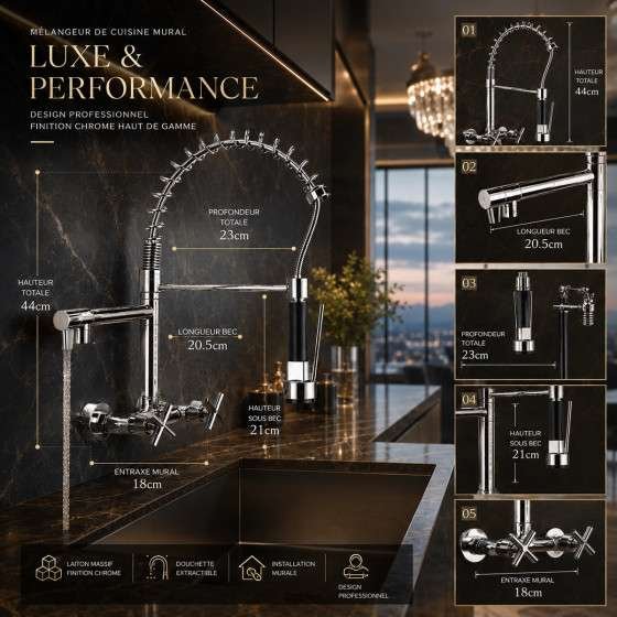 Robinet mélangeur cuisine mural Bayon chrome avec douchette