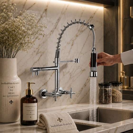 Robinet mélangeur cuisine mural Bayon chrome avec douchette