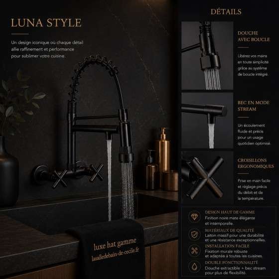 Mélangeur évier cuisine mural Gazoli – Noir design