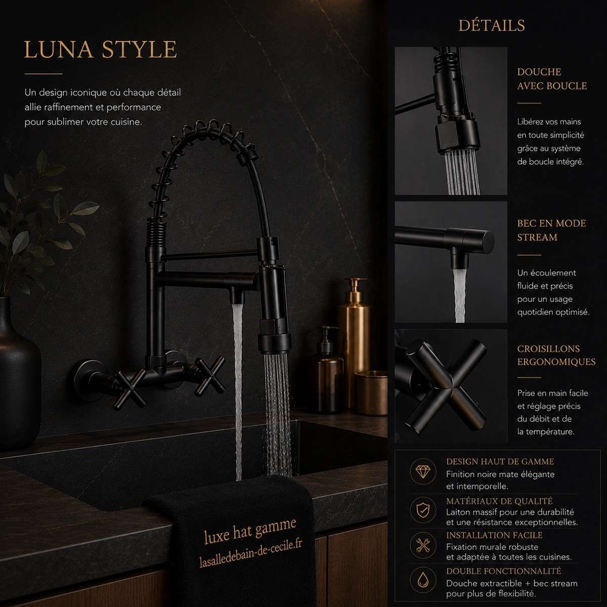 Mélangeur évier cuisine mural Gazoli – Noir design