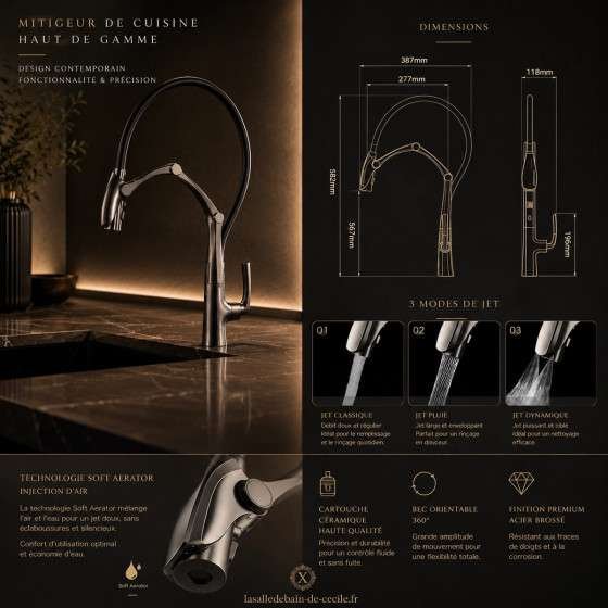 Mitigeur de cuisine gun métal avec douchette extractible