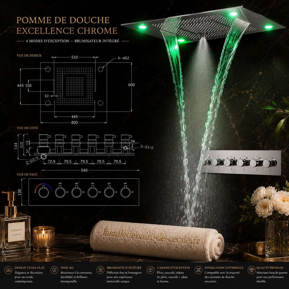 Ciel de pluie LED thermostatique Tiro – 800×600 mm