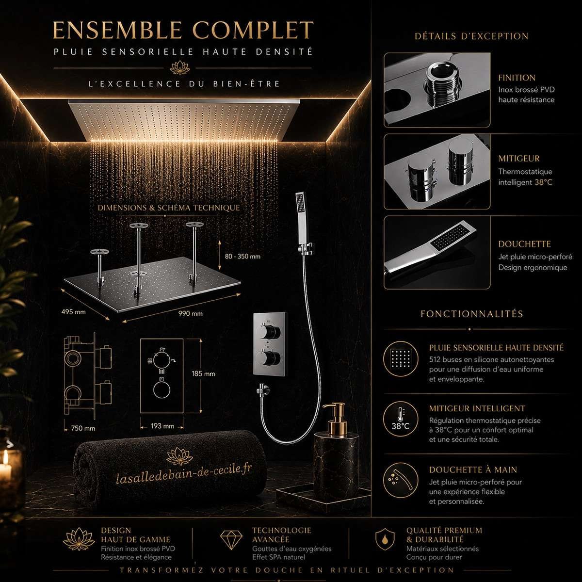 Ciel de pluie XXL LED Marbelle – Thermostatique chrome