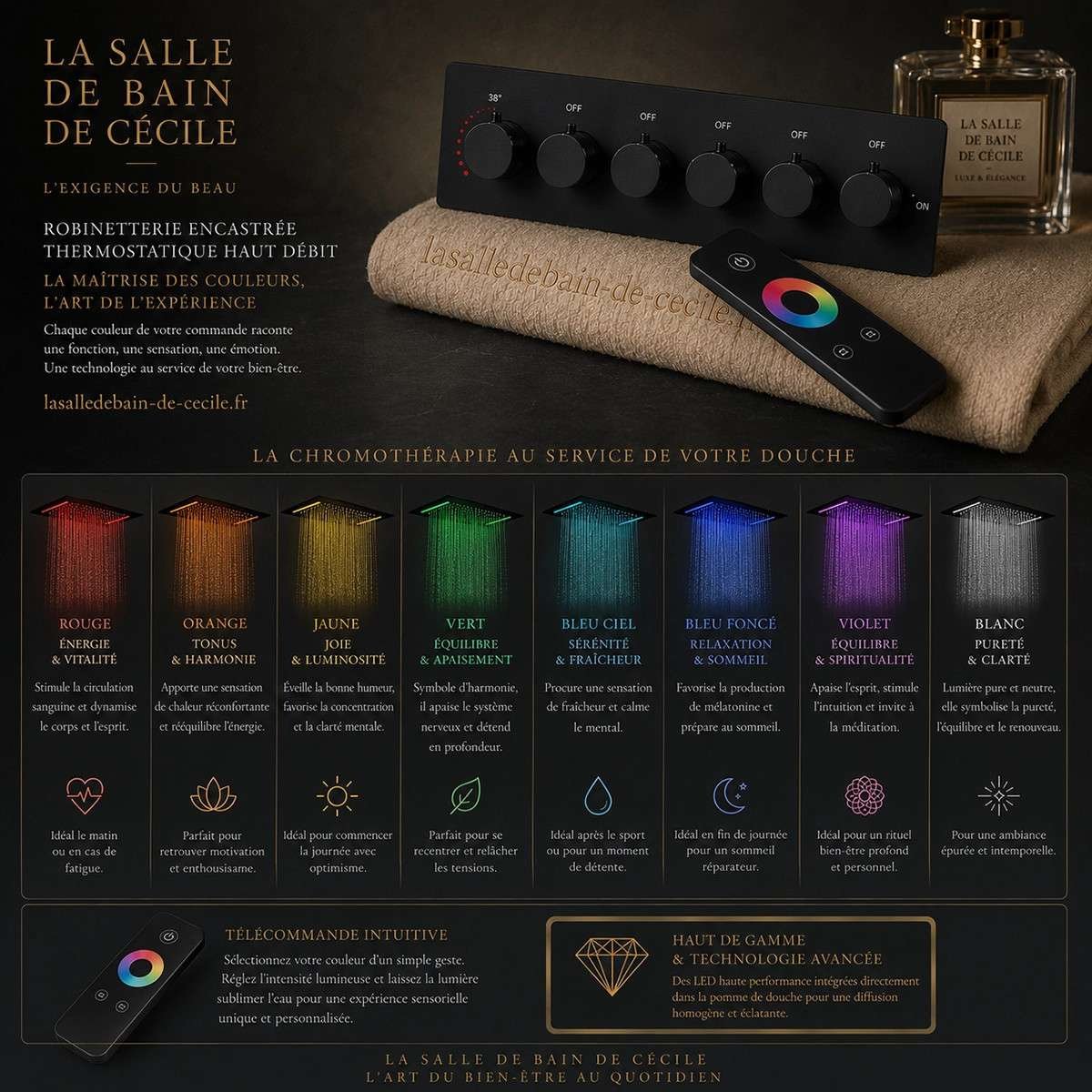Ciel de pluie LED thermostatique Monza – Noir luxe