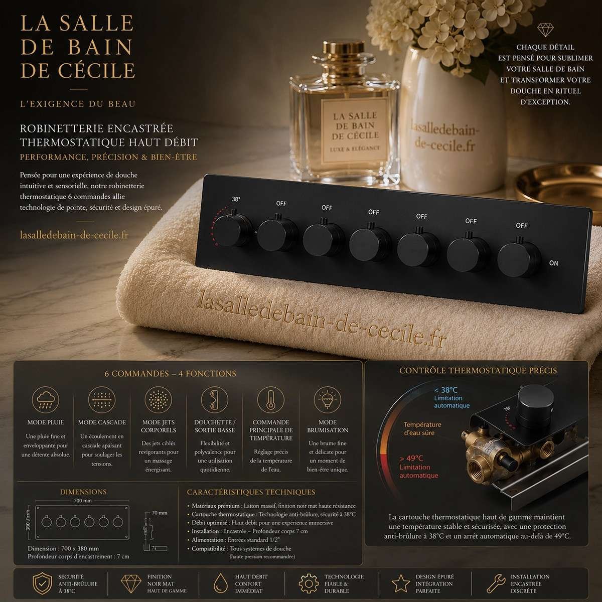 Ciel de pluie LED thermostatique Monza – Noir luxe