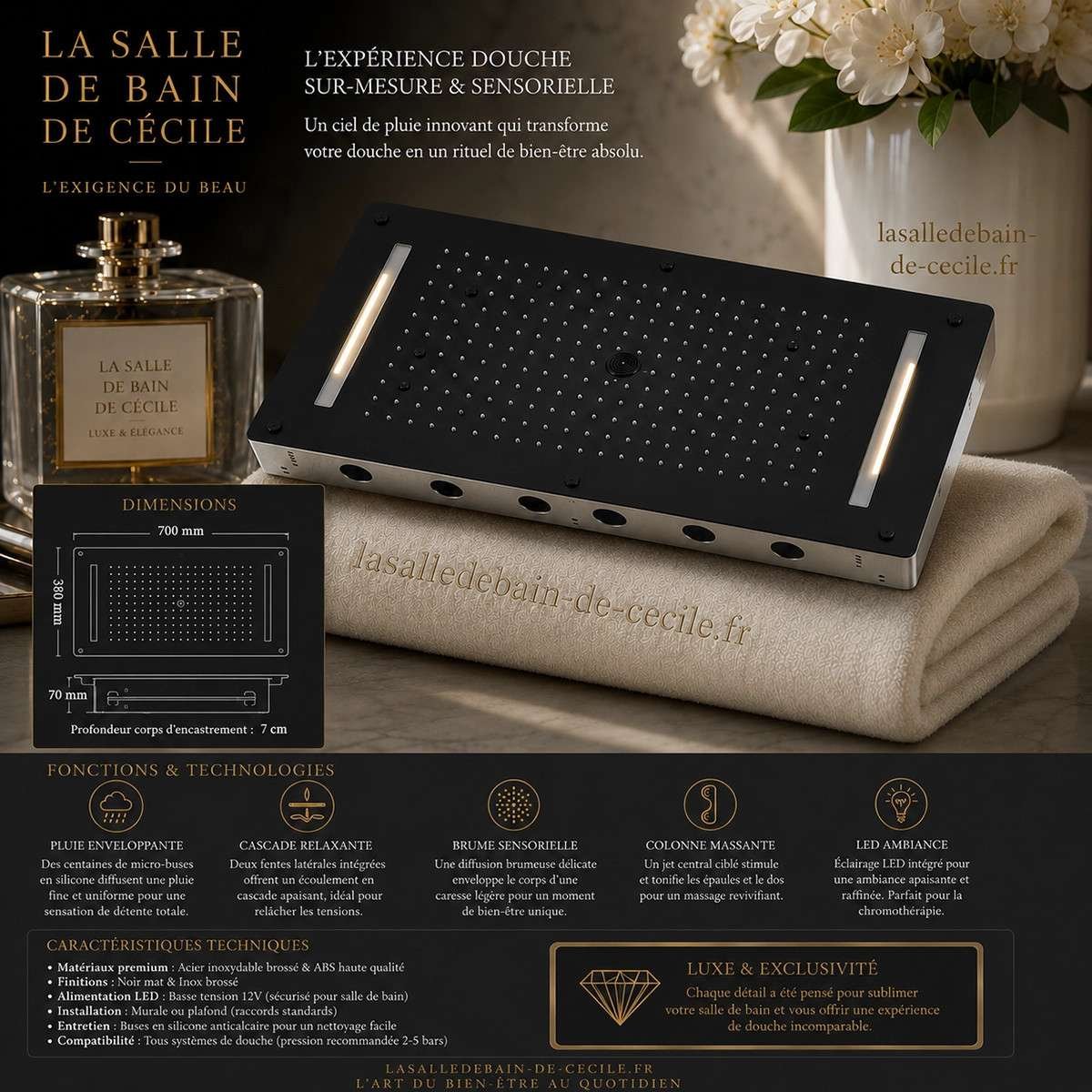 Ciel de pluie LED thermostatique Monza – Noir luxe
