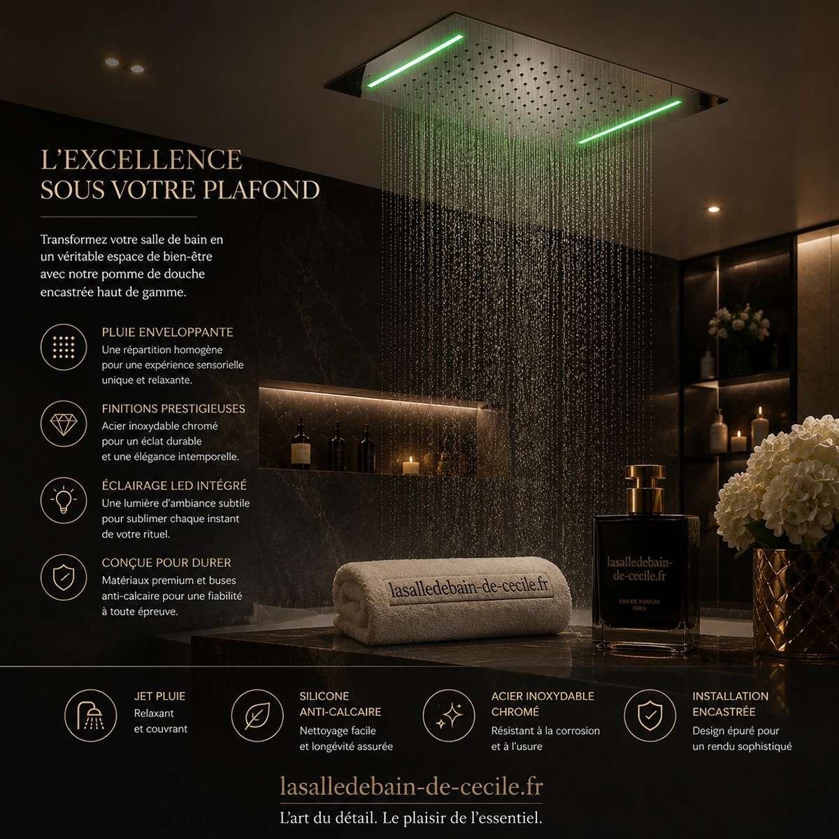Ciel de pluie LED thermostatique Syracuse – Chrome luxe