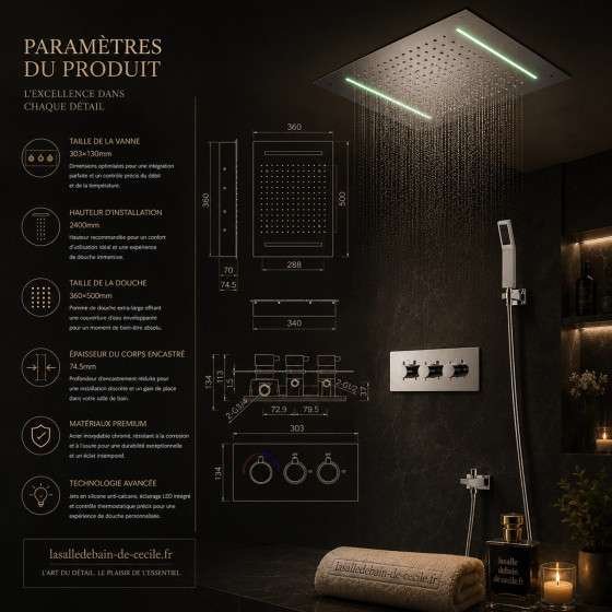 Ciel de pluie LED thermostatique Syracuse – Chrome luxe
