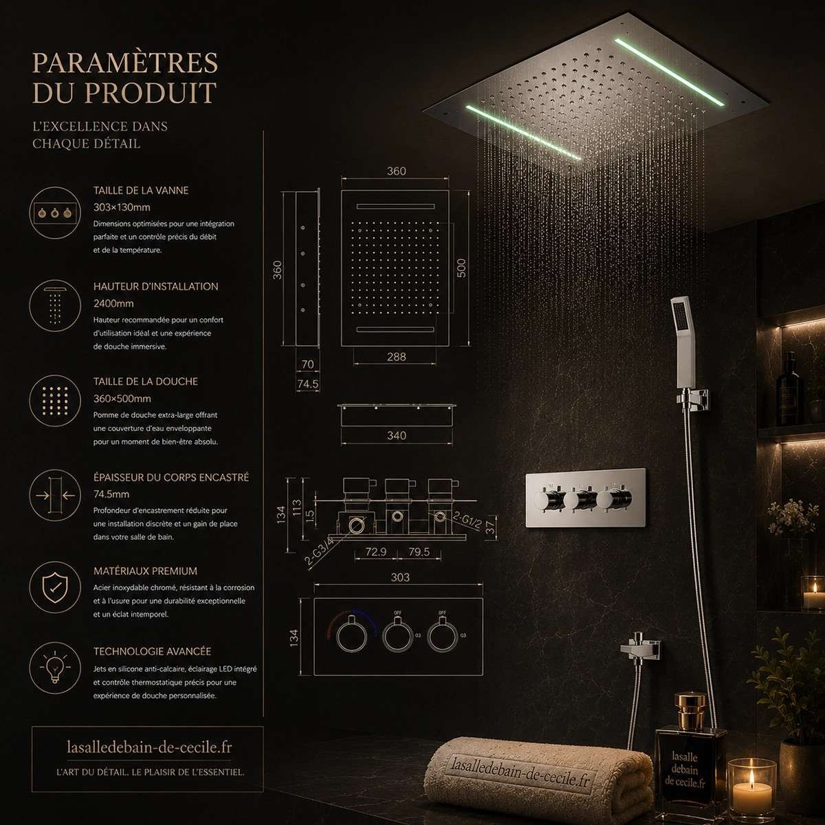 Ciel de pluie LED thermostatique Syracuse – Chrome luxe