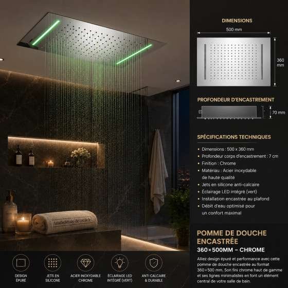 Ciel de pluie LED thermostatique Syracuse – Chrome luxe