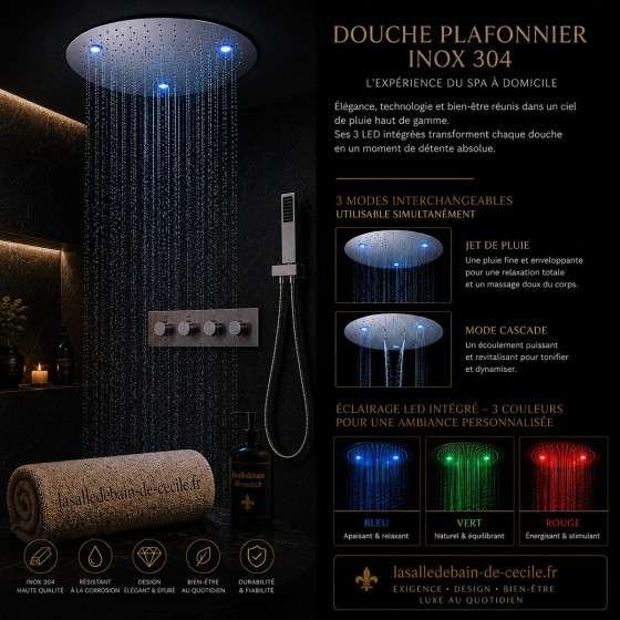 Ciel de pluie thermostatique LED Belfast – Chrome 50 cm