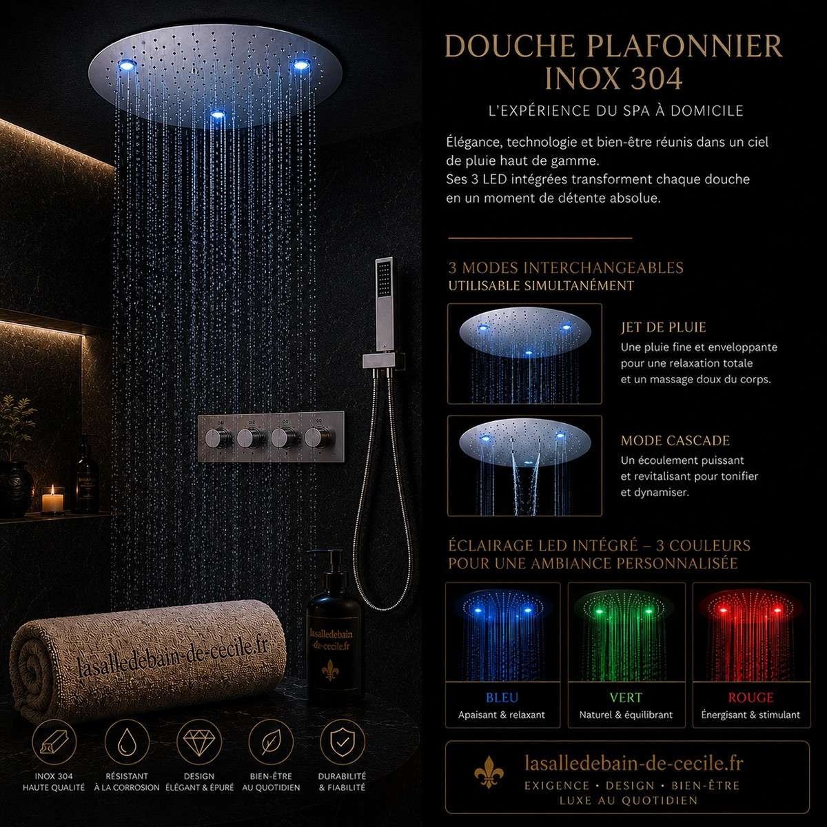 Ciel de pluie thermostatique LED Belfast – Chrome 50 cm