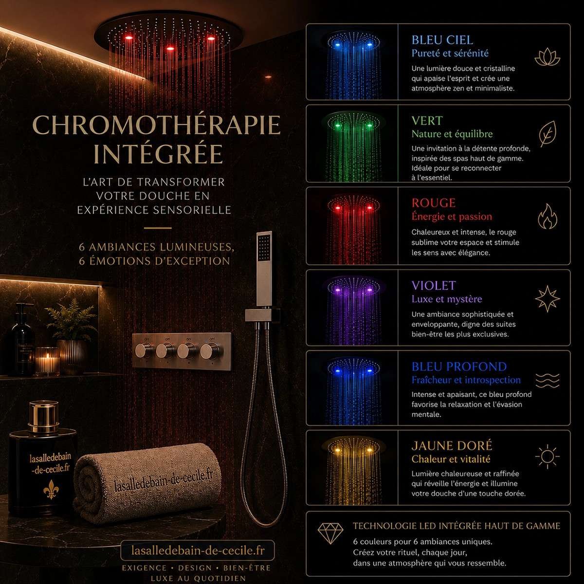 Ciel de pluie thermostatique LED Belfast – Chrome 50 cm