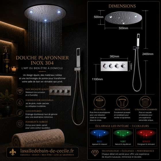 Ciel de pluie thermostatique LED Belfast – Chrome 50 cm