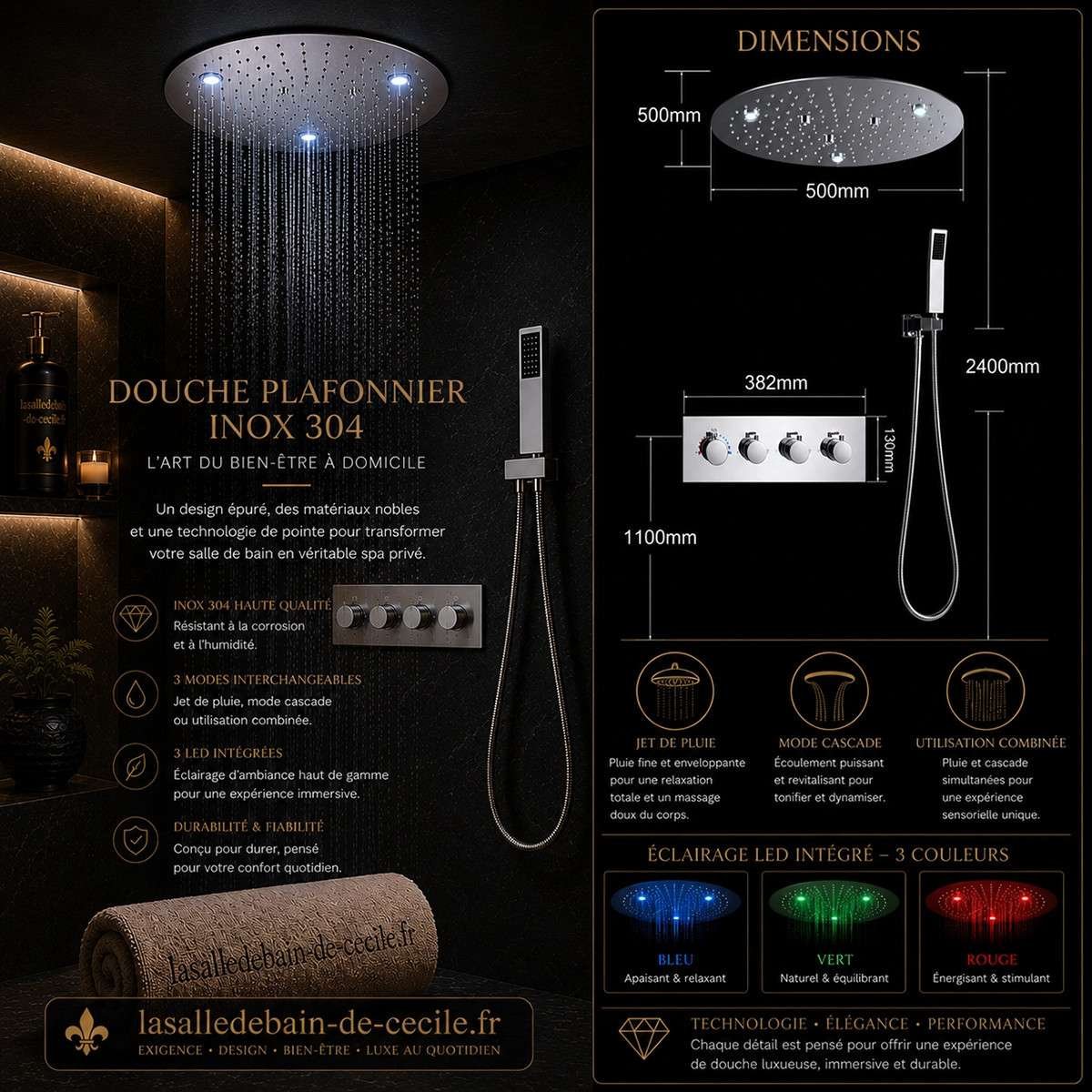 Ciel de pluie thermostatique LED Belfast – Chrome 50 cm
