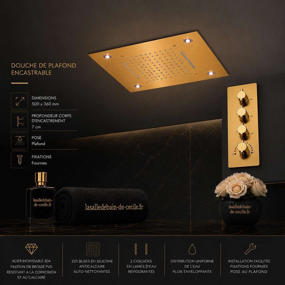 Ciel de pluie LED thermostatique Brescia – Doré luxe