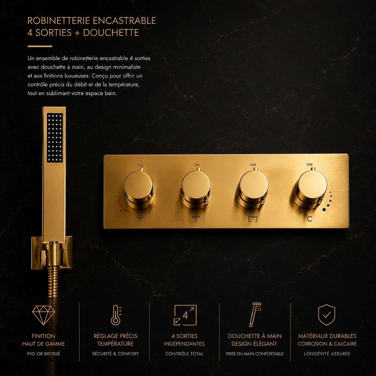 Ciel de pluie LED thermostatique Brescia – Doré luxe