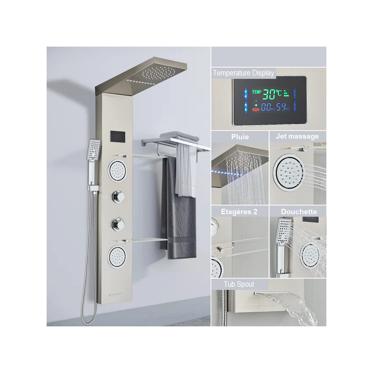 Panneau de douche hydromassant led gris, Narko - category_name - PDD102203 - shop_name